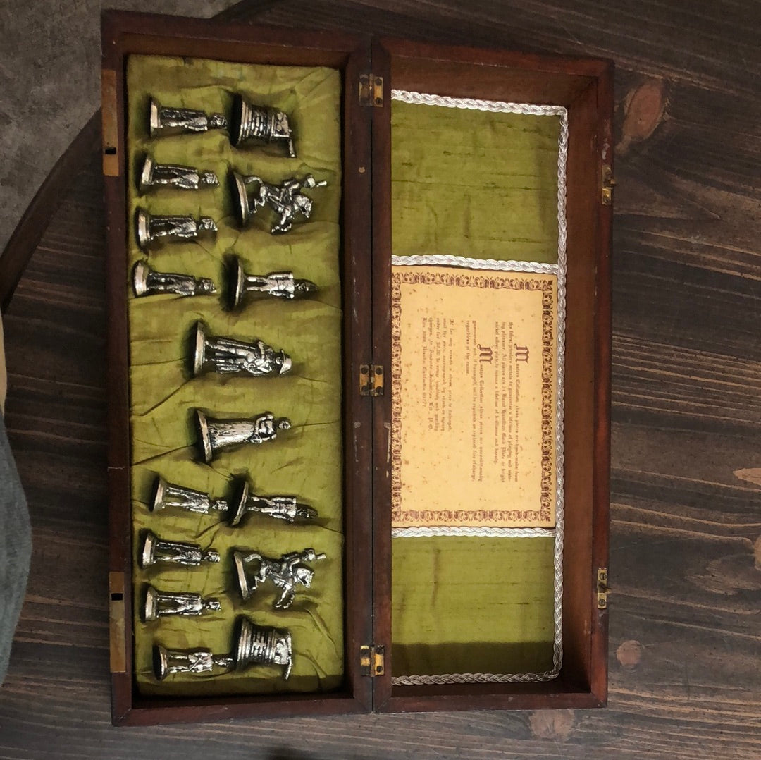 Picture: Sixteen chess pieces resembeling Napoleonic soldiers in silver-plated nickel