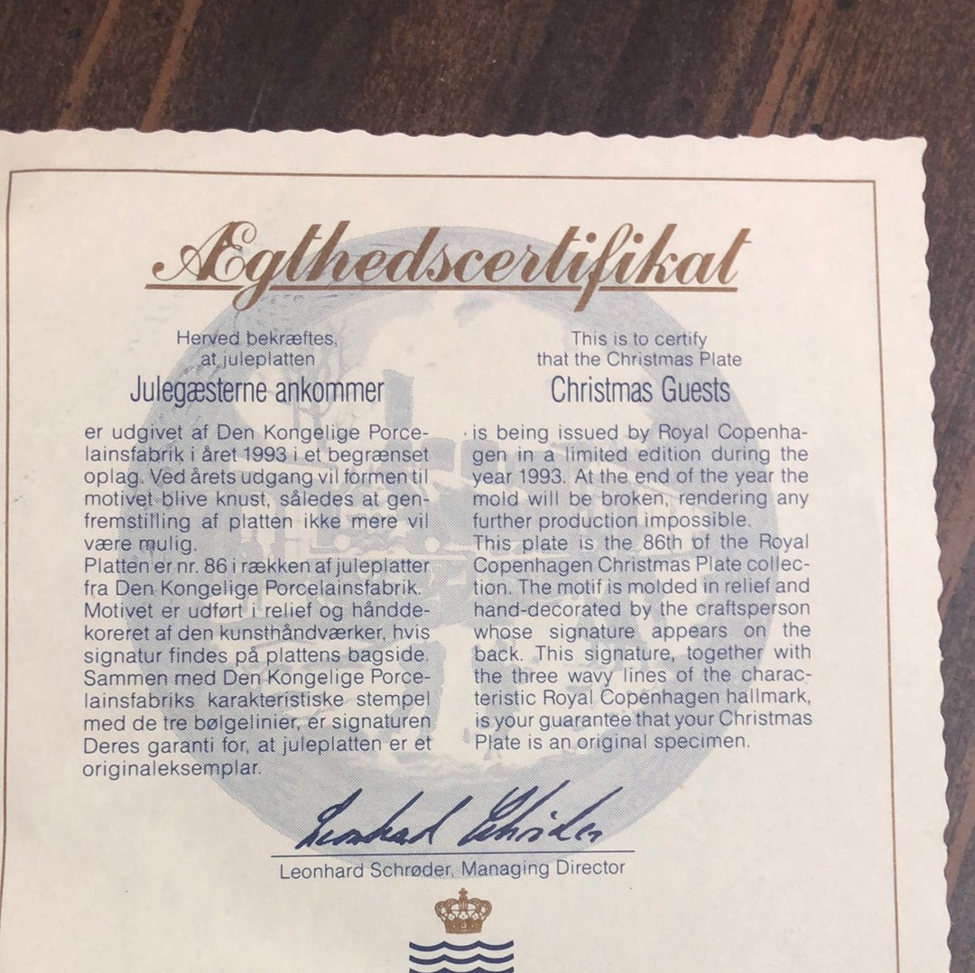 Picture: The Certificate of Authenticity for the 1993 Royal Copenhagen plate 'Christmas Guests'