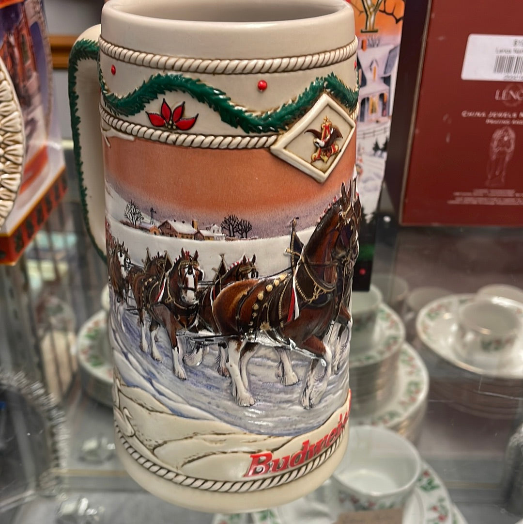 Budweiser Beer Stein made in 1996, winter holiday themed. 
